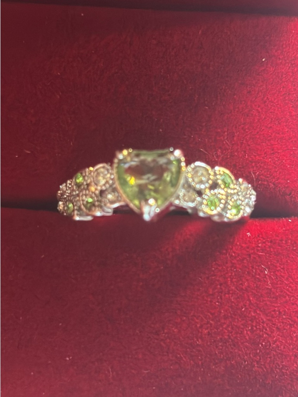 Heart-Cut Peridot Accent Ring in Green-Size 6